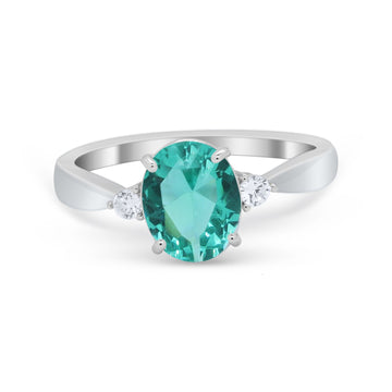 Three Stone Oval Engagement Ring Simulated Paraiba Tourmaline CZ 925 Sterling Silver